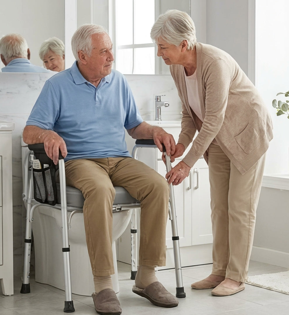 An elderly man sits on a raised toilet trainer chair with armrests, while an elderly woman in beige clothing assists him using a walker in a bright, modern bathroom.
