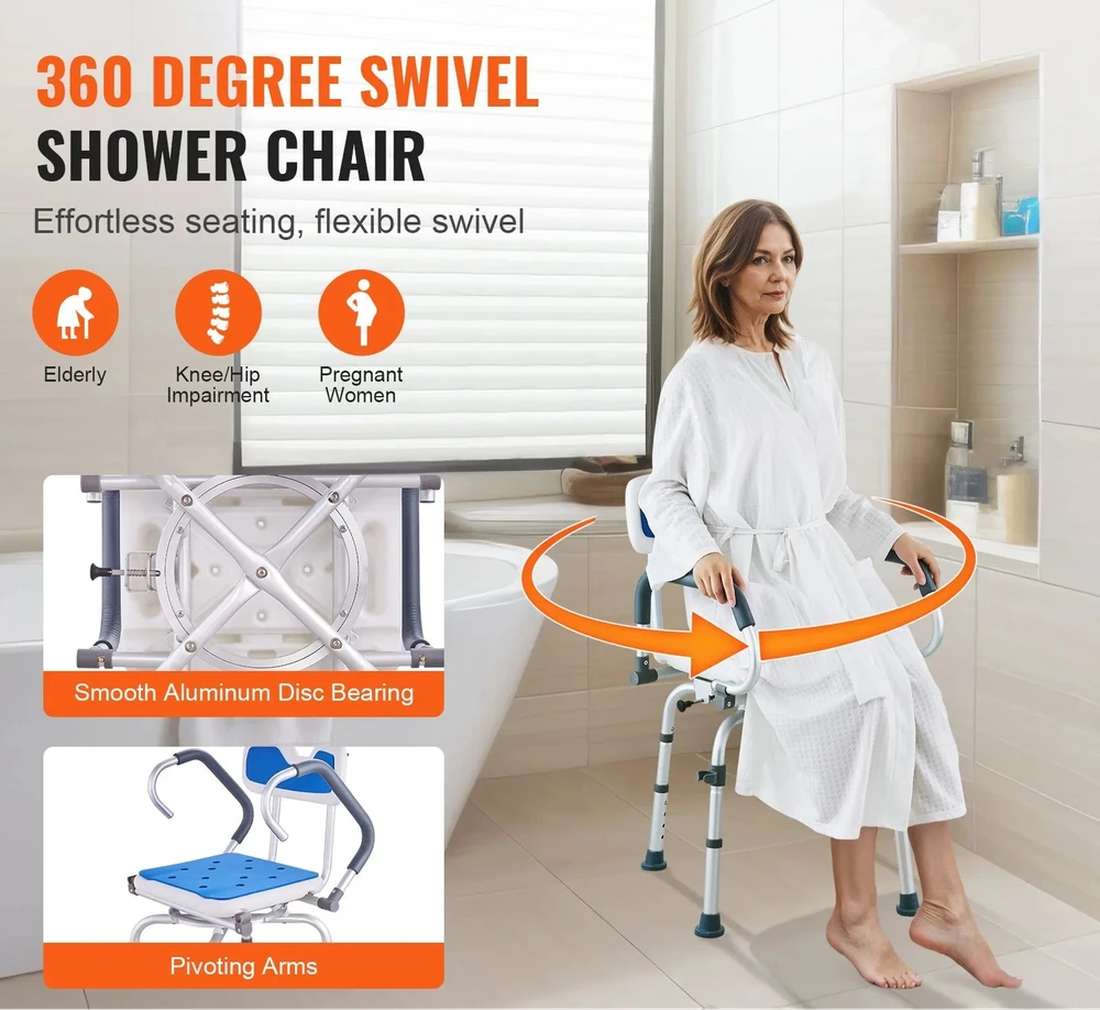 SeniorComfy VEV 360 degree Swivel Adjustable Shower Chair For Seniors, Elderly, Disabled, Injured - 400LBS Capacity