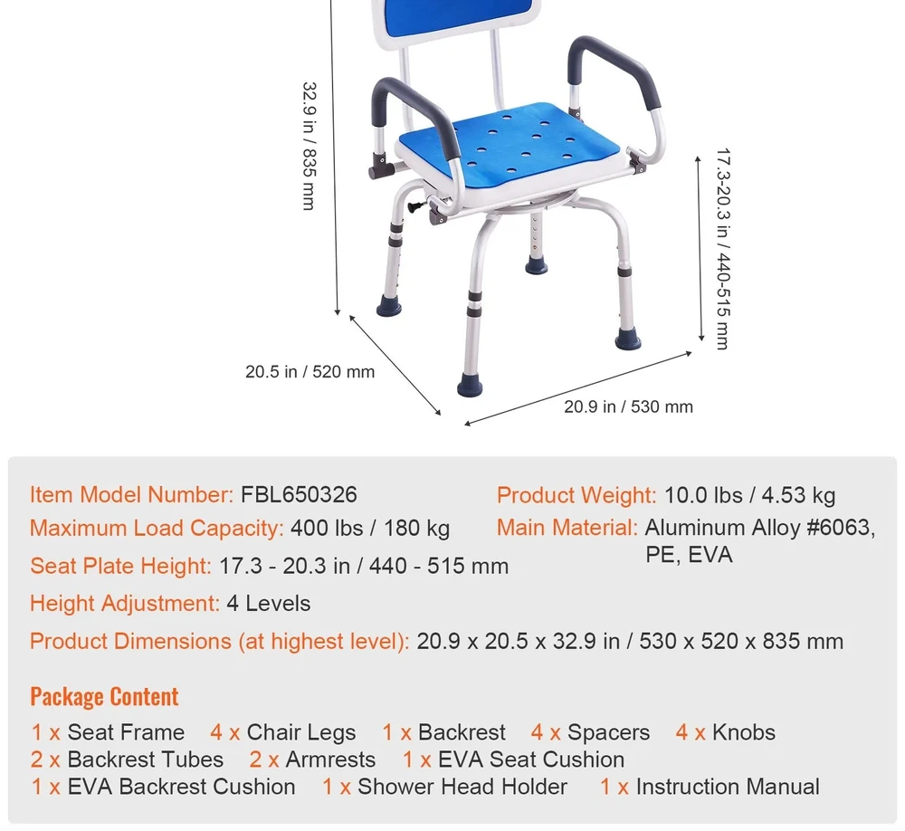 SeniorComfy VEV 360 degree Swivel Adjustable Shower Chair For Seniors, Elderly, Disabled, Injured - 400LBS Capacity