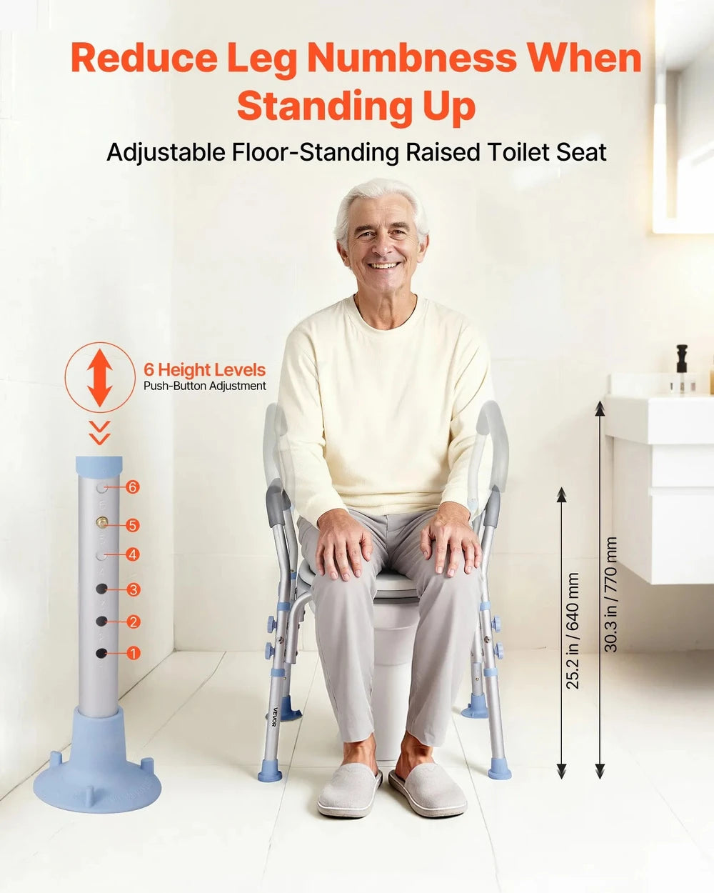 SeniorComfy VEV Adjustable Raised Toilet Seat with Arms with 300 lbs Load Capacity For Seniors, Elderly, Handicap, Disabled