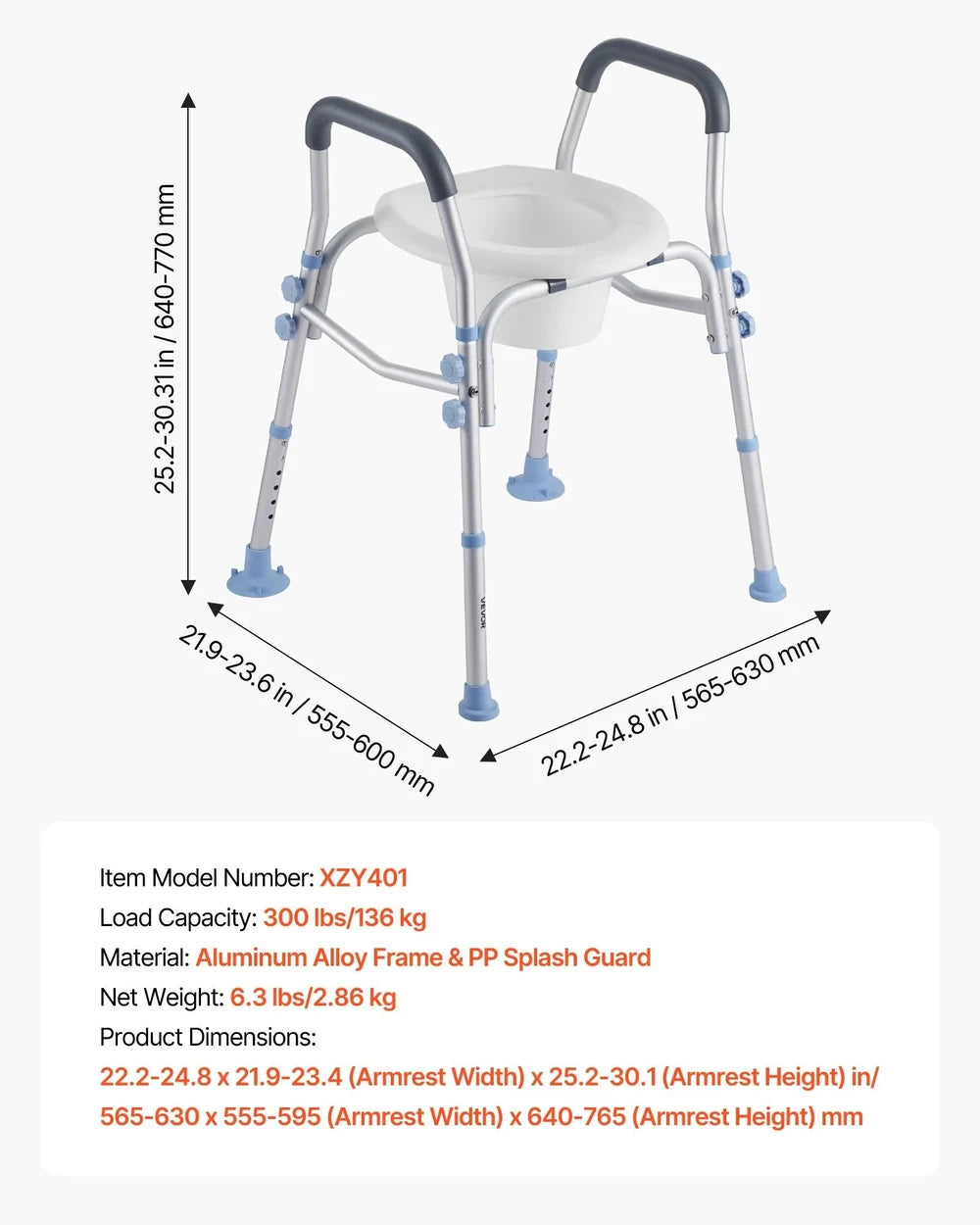 SeniorComfy VEV Adjustable Raised Toilet Seat with Arms with 300 lbs Load Capacity For Seniors, Elderly, Handicap, Disabled