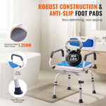 Bathroom safety chair with anti-slip foot pads and robust construction features, including a kettlebell for weight demonstration.