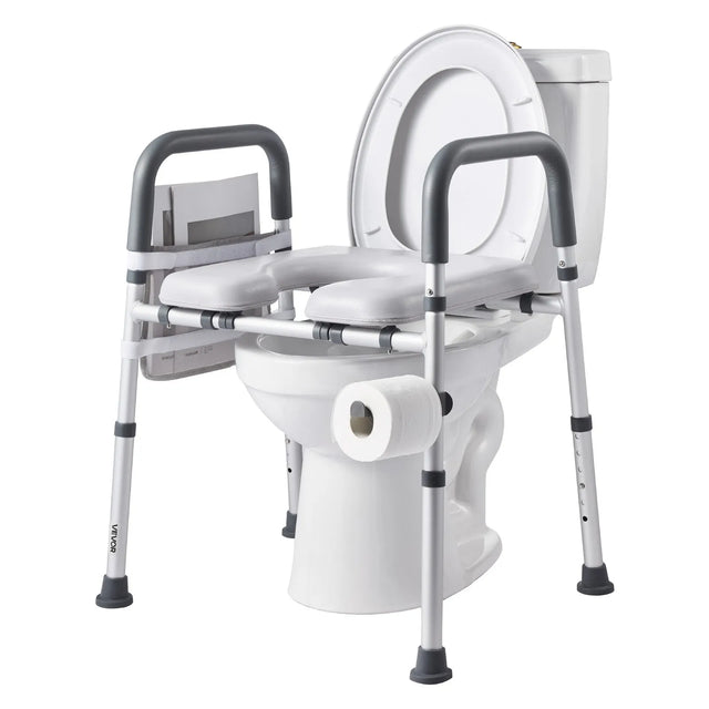 Adjustable Raised Toilet seats for disabled and elderly with armrests attached to a toilet on a white background