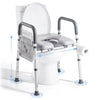 Portable toilet seat with adjustable height and grab bars on a white background