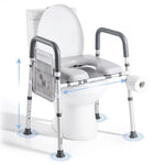 Portable toilet seat with adjustable height and grab bars on a white background