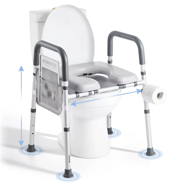 Portable toilet seat with adjustable height and grab bars on a white background