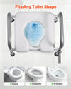 Toilet seat riser with metal frame on a white tiled wall, showing compatibility with different toilet shapes.
