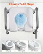 Toilet seat riser with metal frame on a white tiled wall, showing compatibility with different toilet shapes.