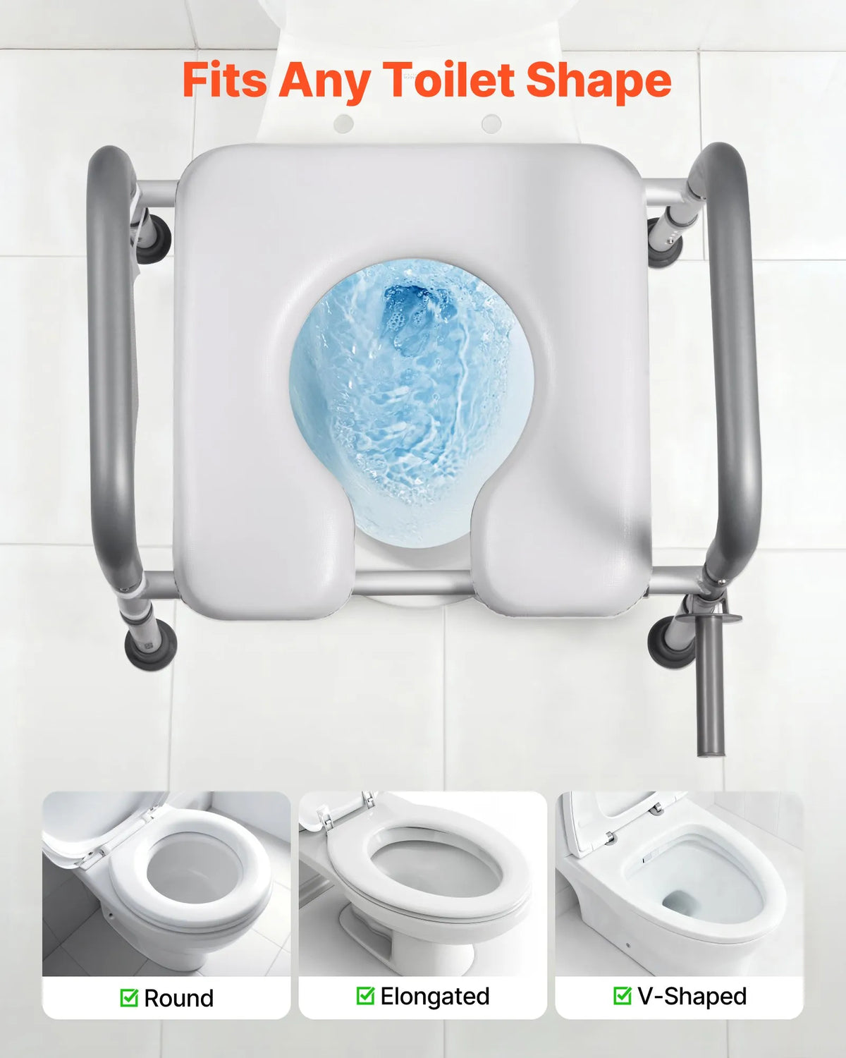 Toilet seat riser with metal frame on a white tiled wall, showing compatibility with different toilet shapes.