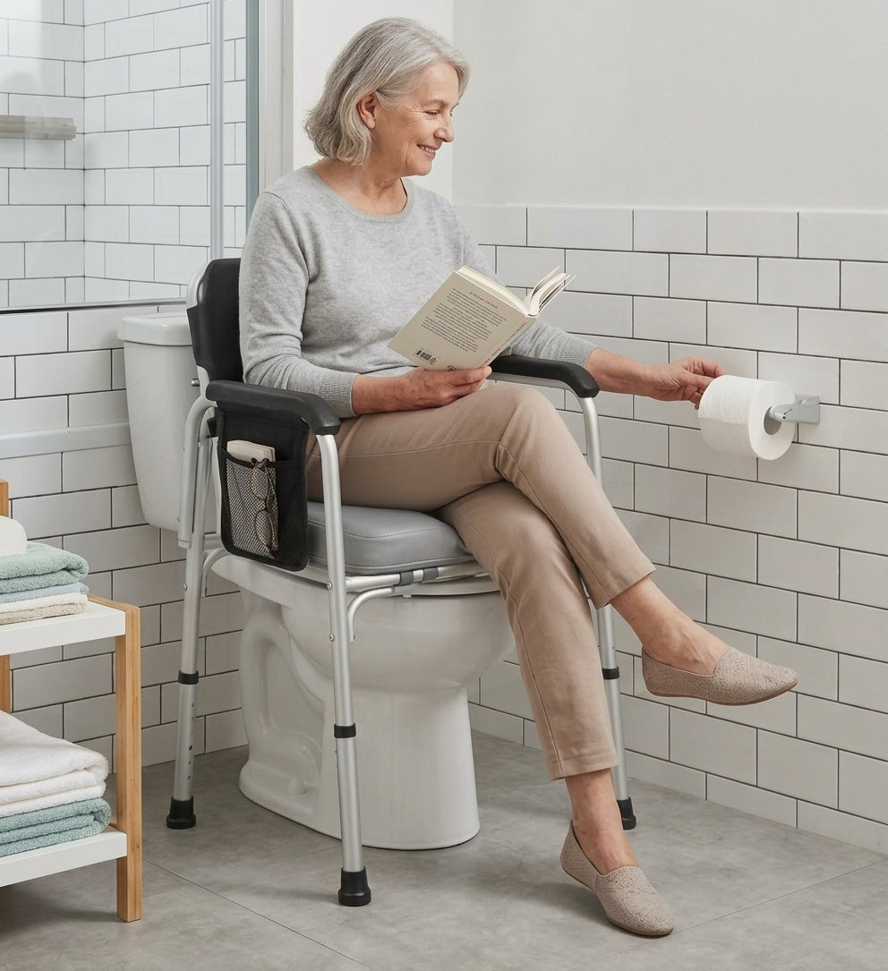 An older woman sits on a toilet seat risers with handles in a bright bathroom, reading a book while reaching for a toilet paper roll mounted on the wall.