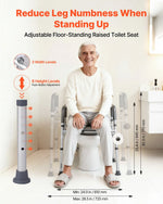 Man using an adjustable floor-standing raised toilet seat with features highlighted on a white background.