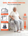 An elderly woman sits on a reinforced toilet height lift chair with armrests and a side storage pocket, shown in a bright indoor bathroom setting. The image includes feature callouts: padded armrests, aluminum frame, non-slip feet, and text stating it holds up to 400 lbs/ 181 kg.