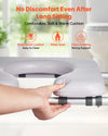 Hand holding a cushioned raised toilet seat with features listed on a blurred background that includes foam padding, wide seat and waterproof leather