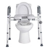 White toilet with a silver adjustable raised toilet seat with handles on a white background