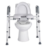 White toilet with a silver adjustable raised toilet seat with handles on a white background