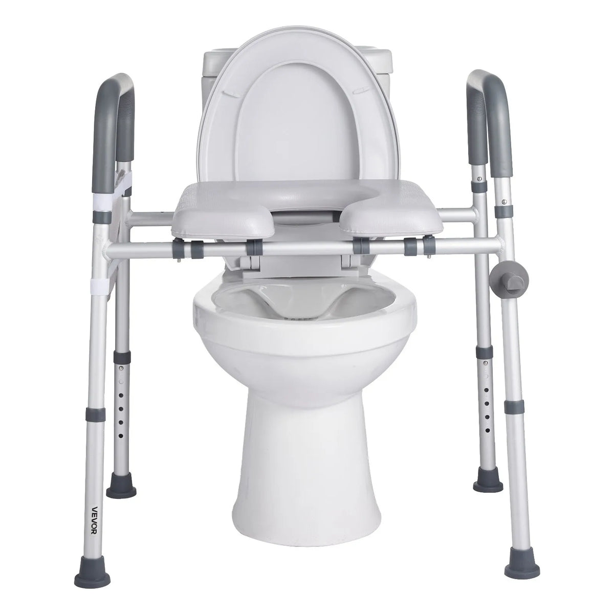 White toilet with a silver adjustable raised toilet seat with handles on a white background