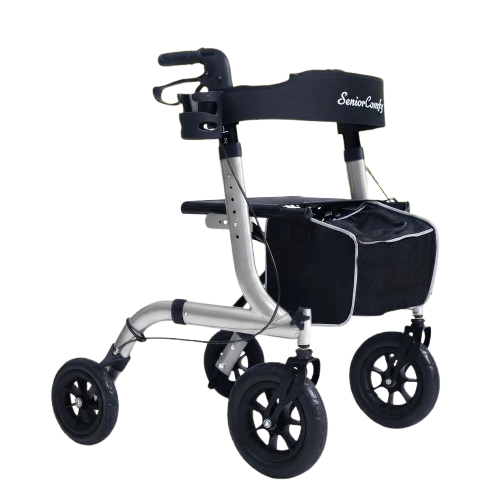 A compact four-wheel rolling walker with a silver aluminum frame and black padded handlebar, armrests, and a front storage basket. The brand name 'Senior Lady' is printed in white script on the backrest.