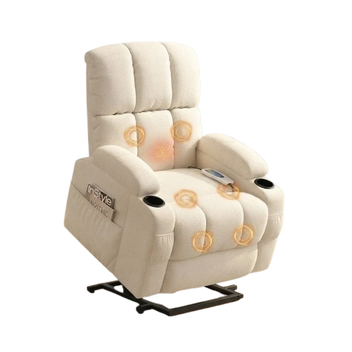An off-white electric massage recliner chair with glowing orange heat indicators on the back indicating heated massage functon, seat, and armrests, and a side pouch for magazines shown against a plain white background.